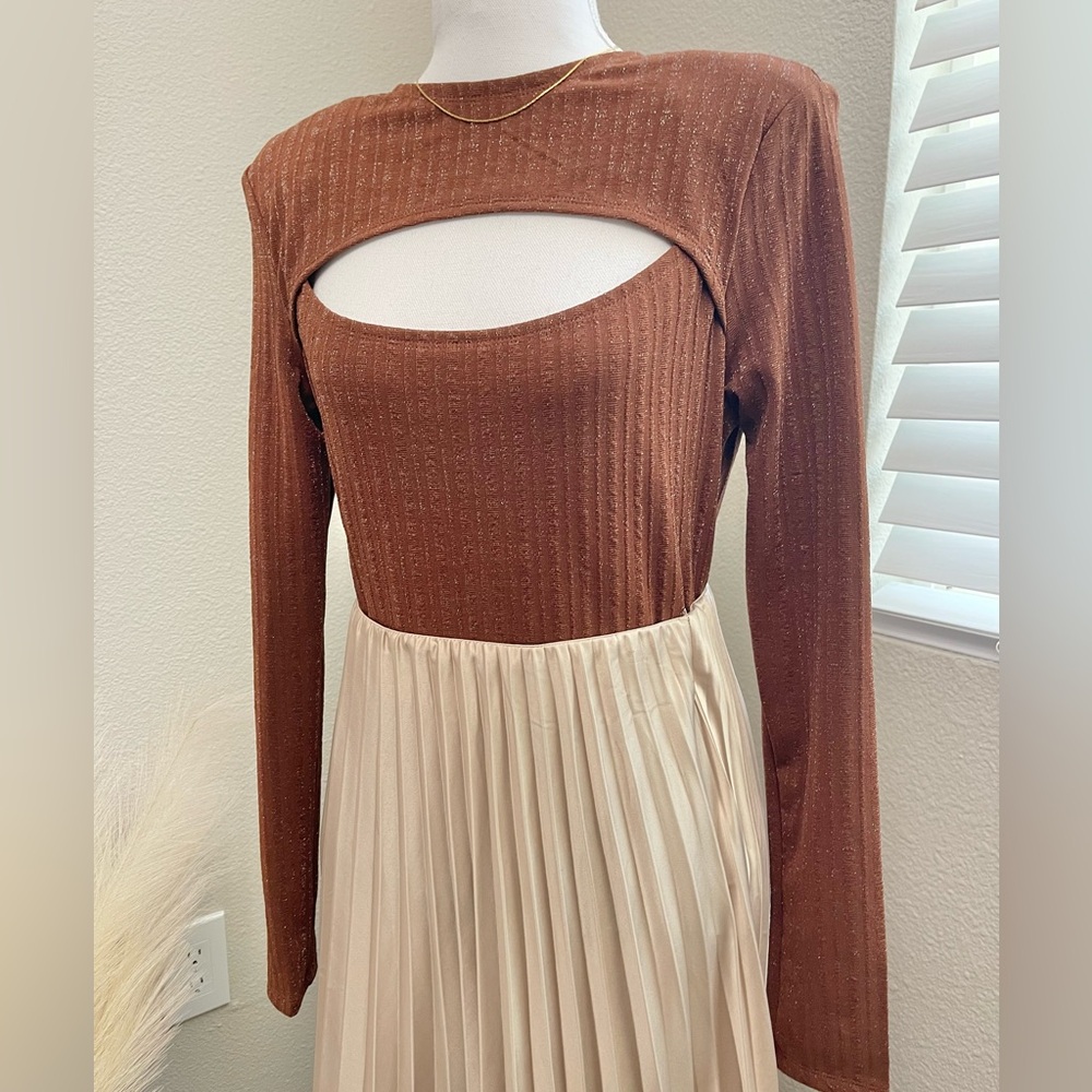 New- Fall Holiday Brown Long Sleeve Cutout Shimmer Top
